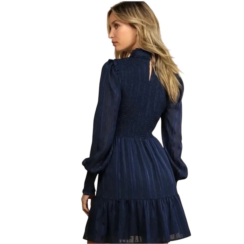 Lulus Mini Dress XS Navy Heartful Romance Navy Striped Smocked Long Sleeve - Picture 2 of 12
